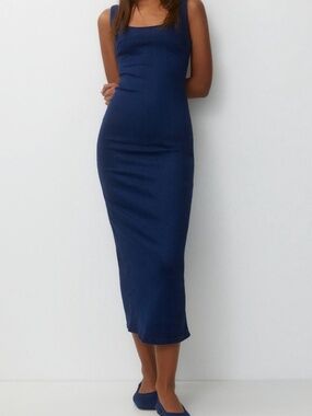 Pull&Bear Blue Denim Bodycon Midi Dress – Square Neck Sleeveless